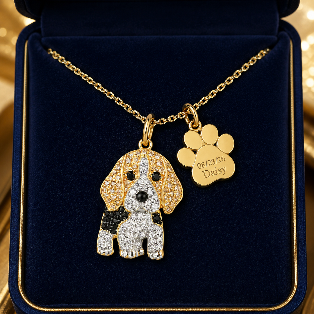 Baylor Beagle Necklace shown with the engraved paw charm in a gift box