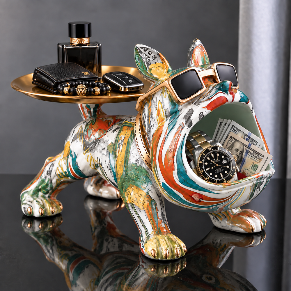 Graffiti Canvas french bulldog tray, white base hand-painted with orange and teal strokes, mint green mouth, gold-tone tray on its back