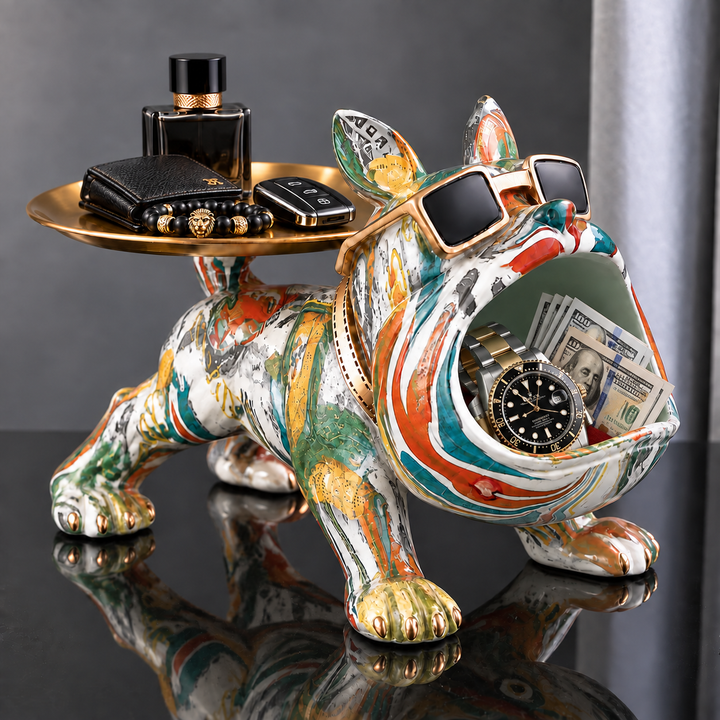 Graffiti Canvas french bulldog tray, white base hand-painted with orange and teal strokes, mint green mouth, gold-tone tray on its back