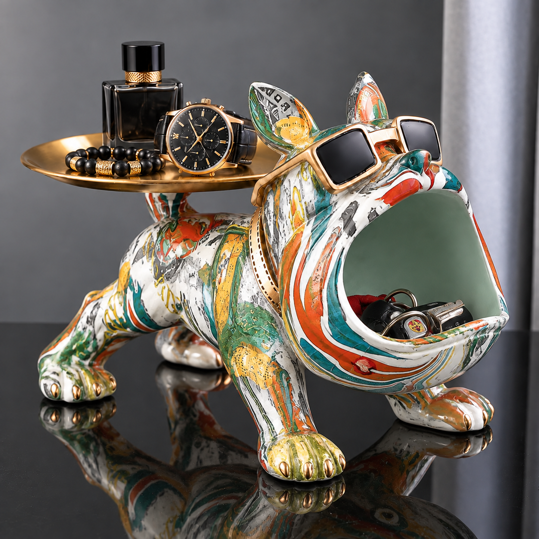 Graffiti Canvas french bulldog tray holding keys in its mouth with a watch and beads on the gold-tone tray