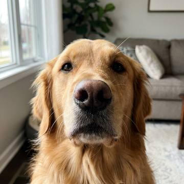 Close-up of a golden retriever's face in soft daylight
