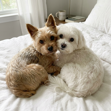 A Yorkie and a Maltese snuggled together on a bed