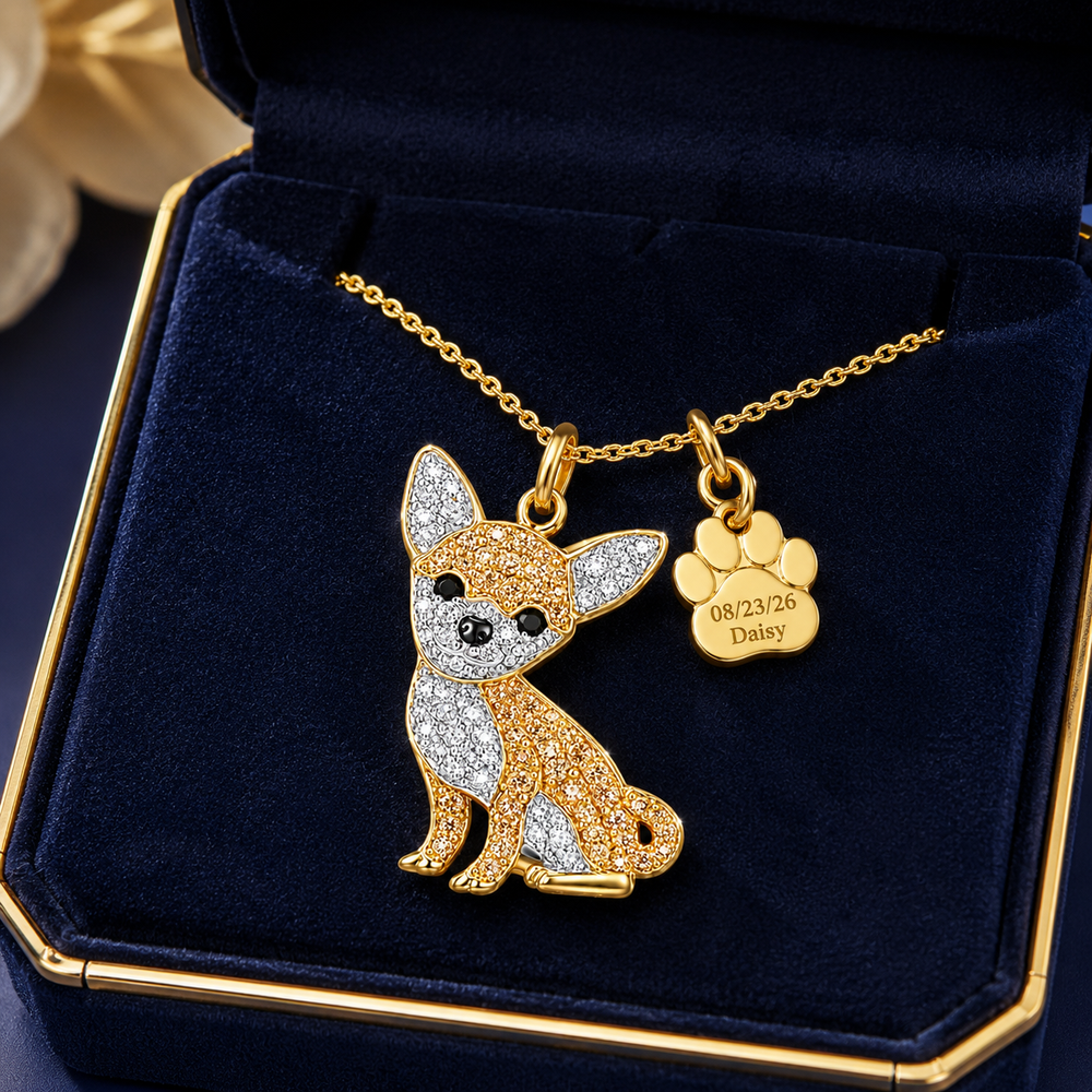 Coco Chihuahua Necklace shown with the engraved paw charm in a gift box