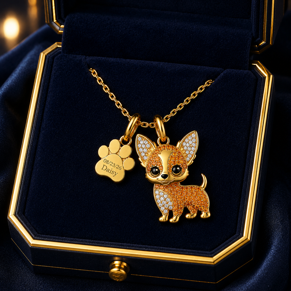 Paco Chihuahua Necklace shown with the engraved paw charm in a gift box