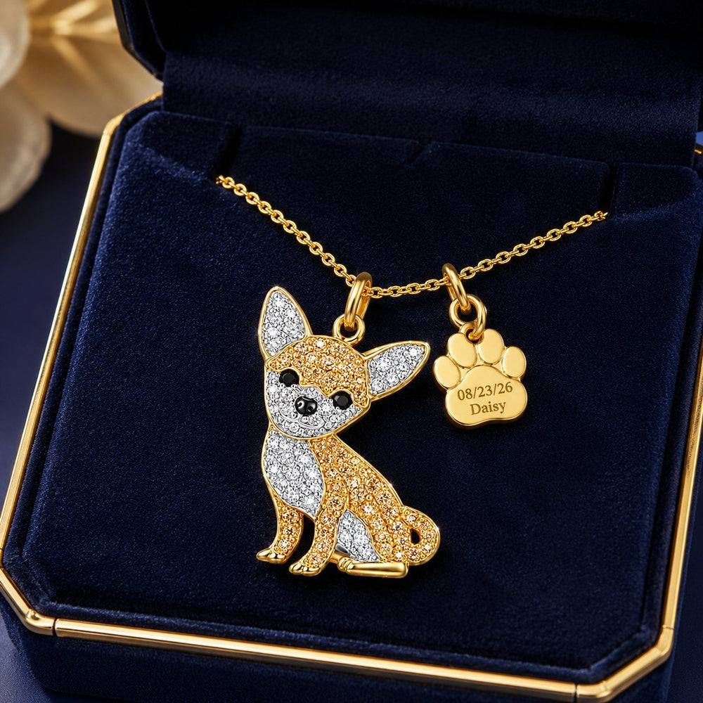 Coco Chihuahua Necklace shown with the engraved paw charm in a gift box