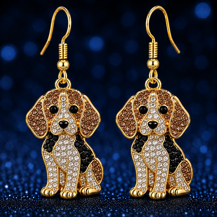 Pair of beagle earrings in tri-color rhinestone pave, champagne ears and black saddle, on gold-tone French hooks