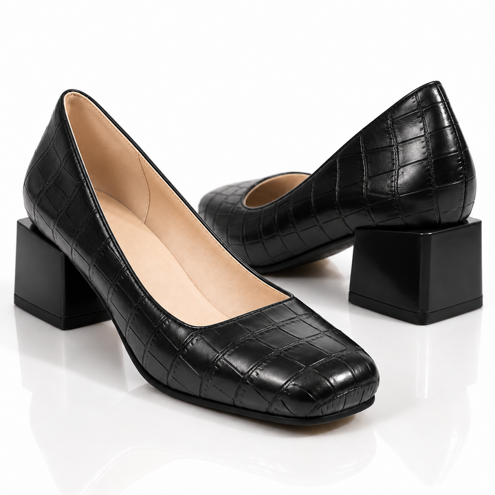 Black square toe block heel pumps with a cushioned footbed
