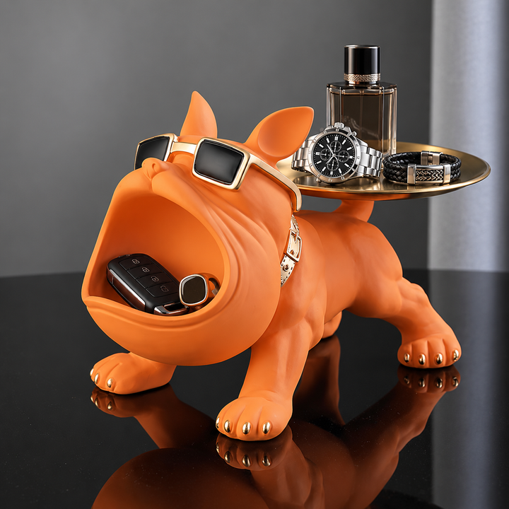 Terracotta Orange french bulldog tray with a gold-tone tray on its back and keys in its open mouth