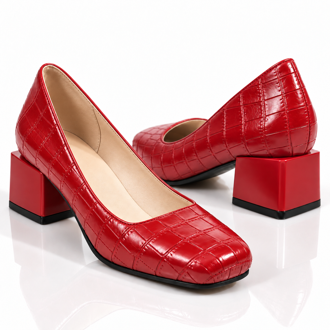 Red croc-textured square toe pumps with a matching red 2 inch block heel