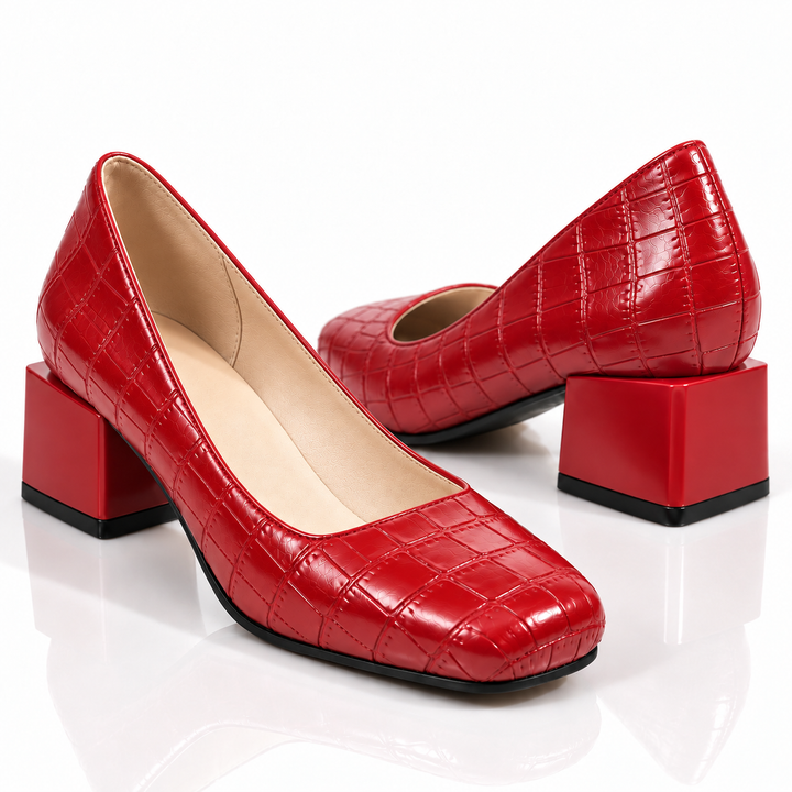 Red croc-textured square toe pumps with a matching red 2 inch block heel