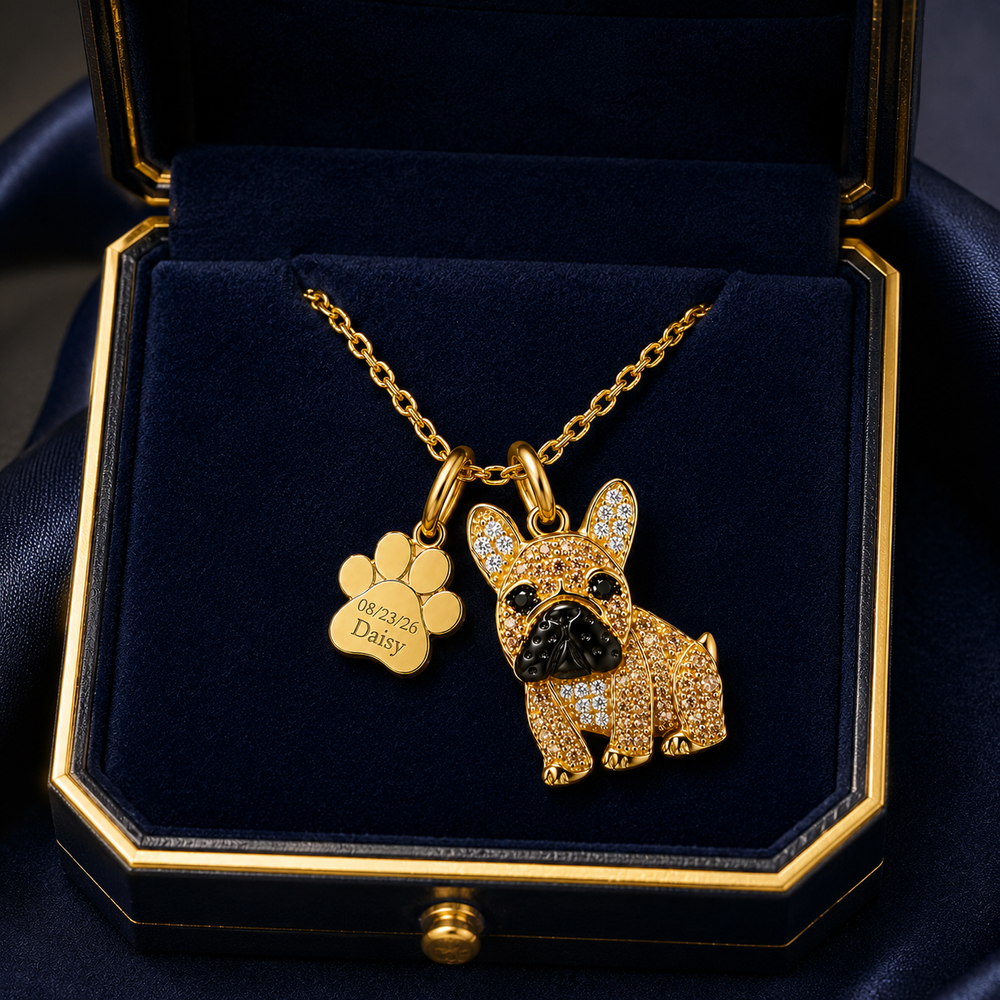 Beau Frenchie Necklace shown with the engraved paw charm in a gift box