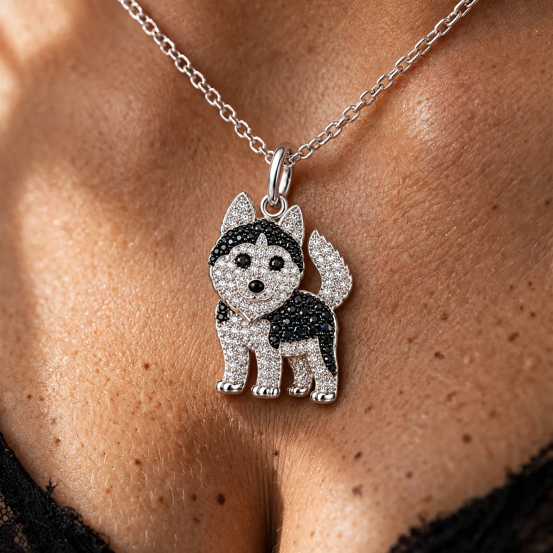 Rhinestone husky necklace worn at the collarbone on a silver-tone chain