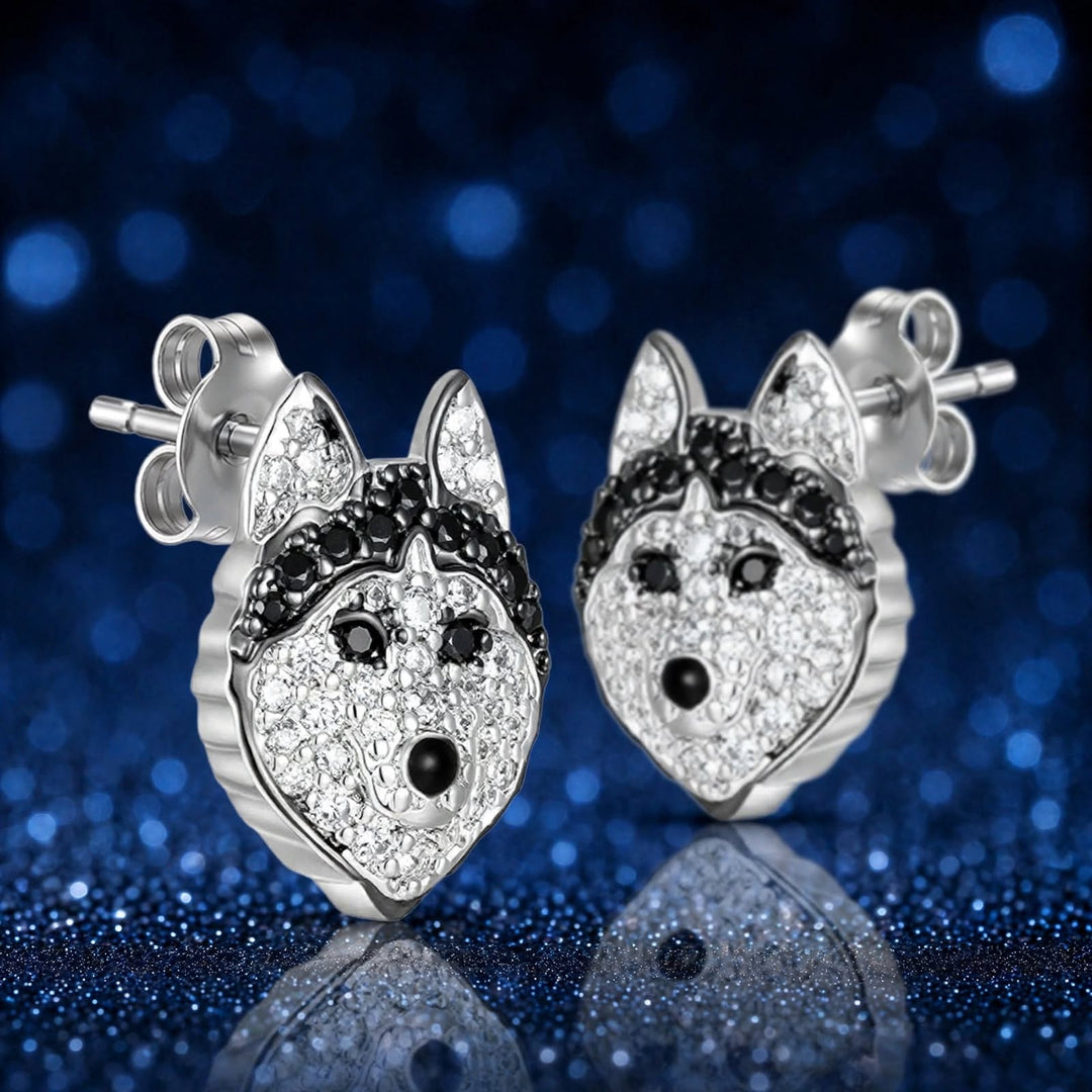 Luna Husky Stud Earrings, a pair of rhinestone pavé husky faces with black masks and pointed ears