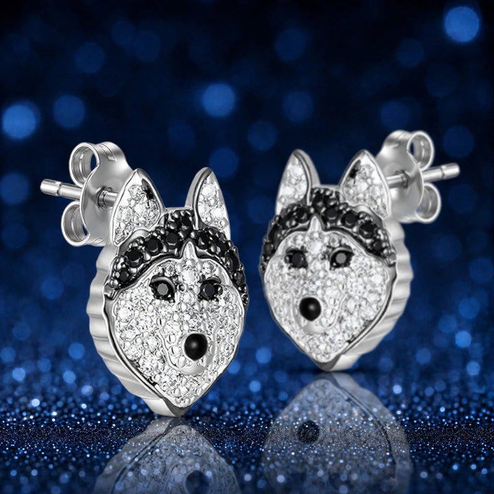 Luna Husky Stud Earrings, a pair of rhinestone pavé husky faces with black masks and pointed ears
